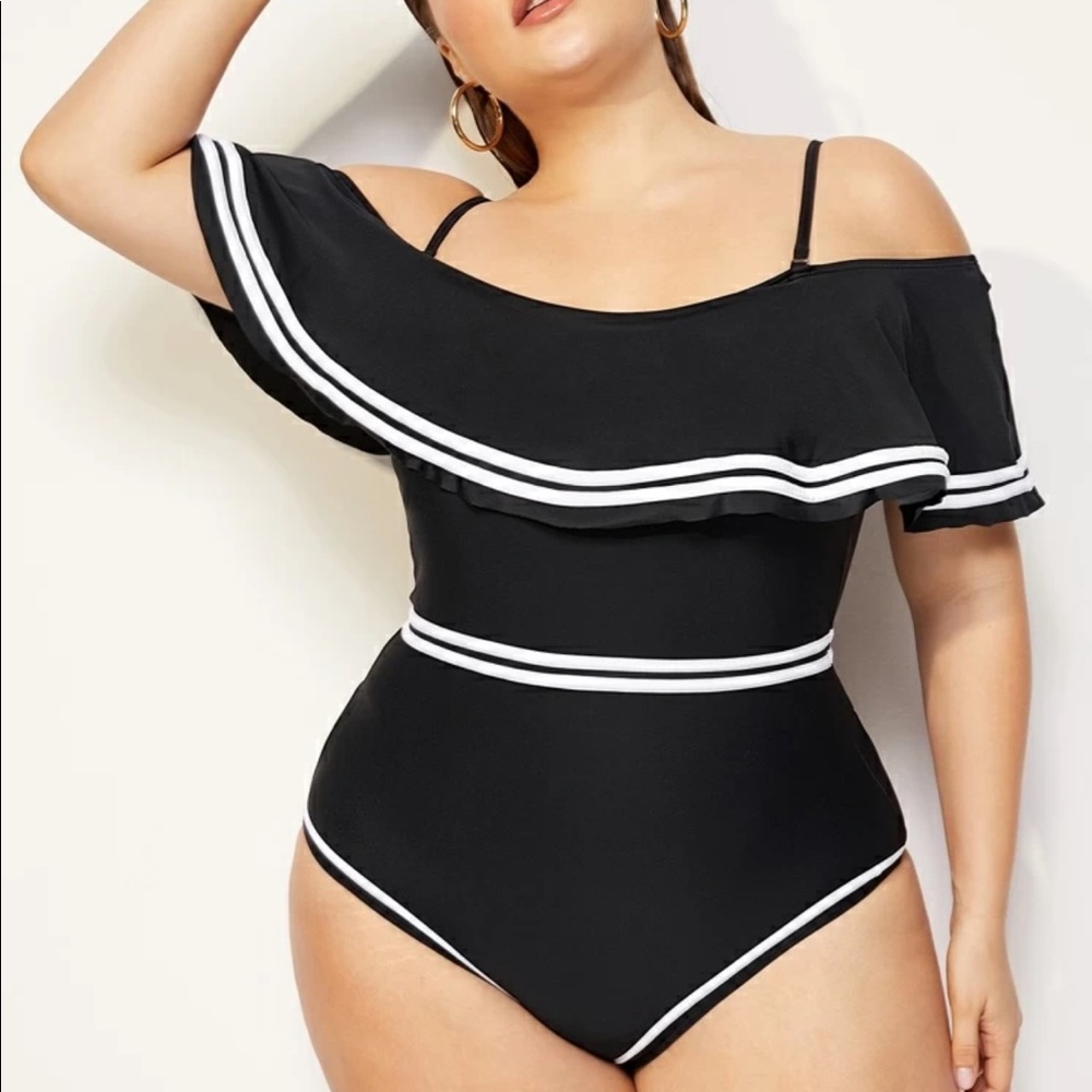 Brand new off shoulder bathing suit black & white.